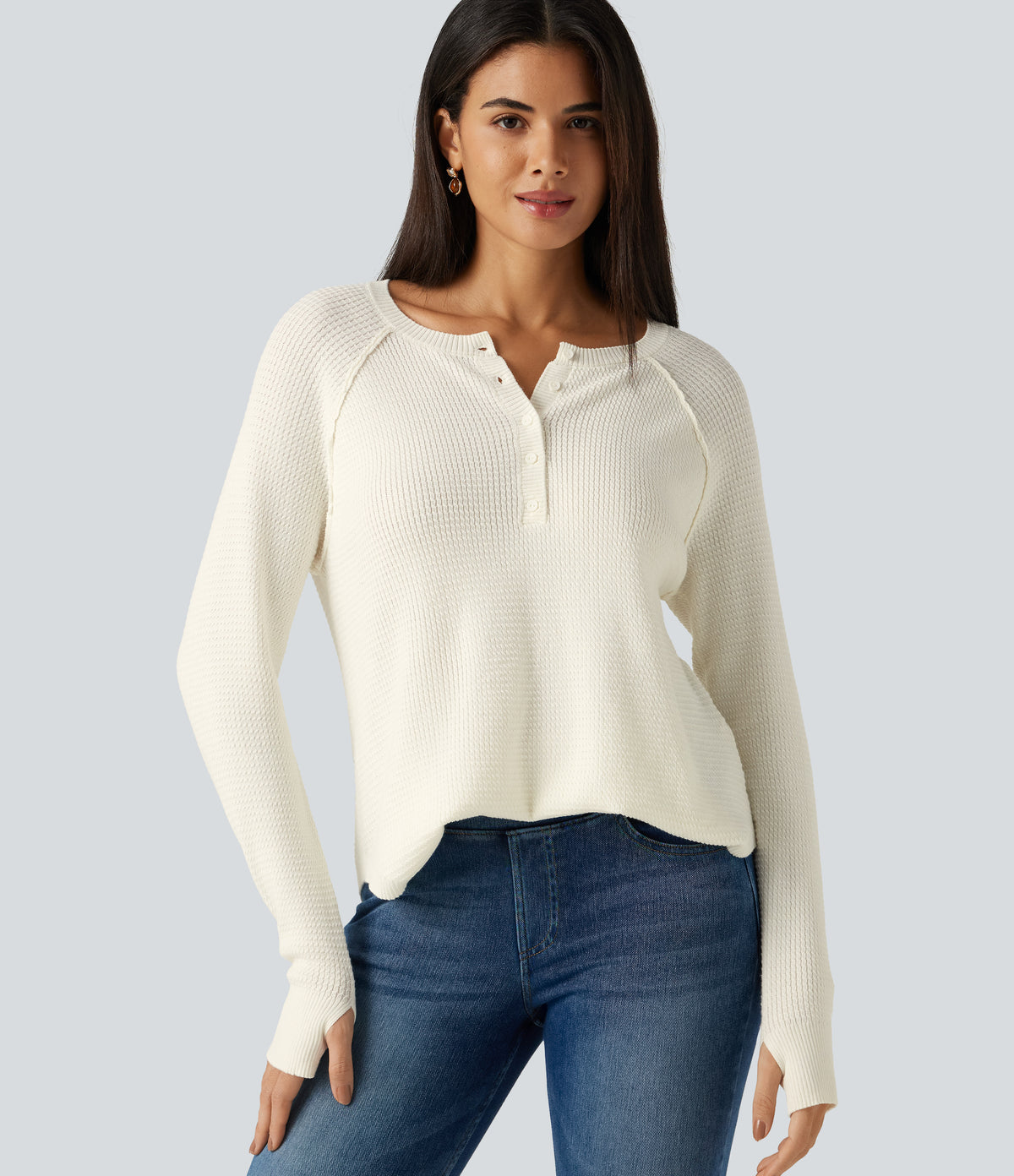 Henley Neck Long Sleeve Thumb Hole Curved Hem Casual Jumper — White Down — view 1