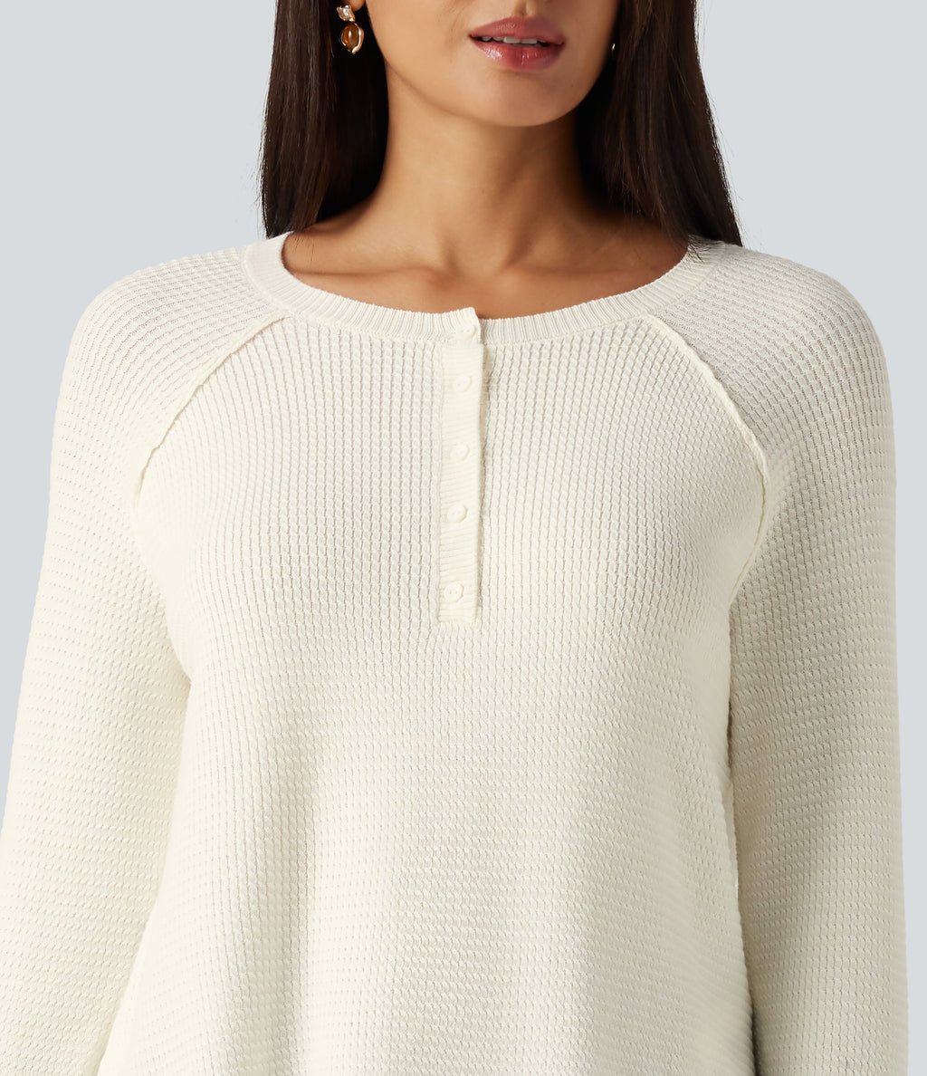 Henley Neck Long Sleeve Thumb Hole Curved Hem Casual Jumper — White Down — view 7