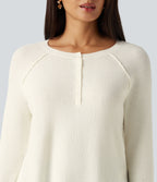 Henley Neck Long Sleeve Thumb Hole Curved Hem Casual Jumper — White Down — view 7