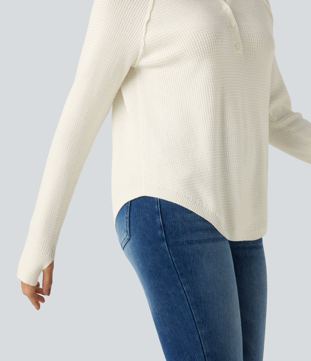 Henley Neck Long Sleeve Thumb Hole Curved Hem Casual Jumper — White Down — view 8
