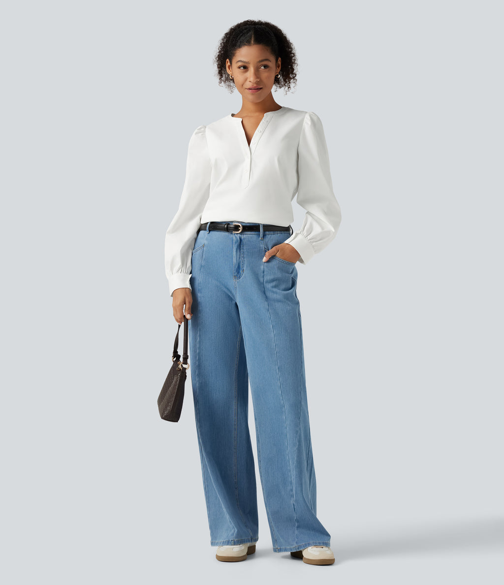 Henley Neck Puff Long Sleeve Casual Blouse — White — view 6