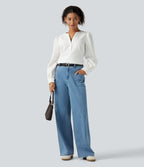 Henley Neck Puff Long Sleeve Casual Blouse — White — view 6
