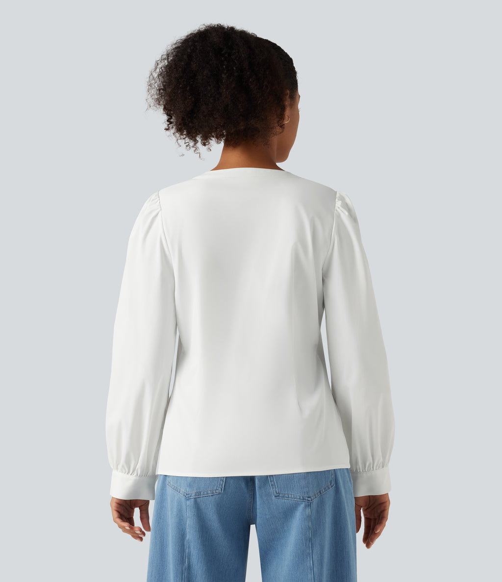Henley Neck Puff Long Sleeve Casual Blouse — White — view 2
