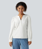 Henley Neck Puff Long Sleeve Casual Blouse — White — view 4