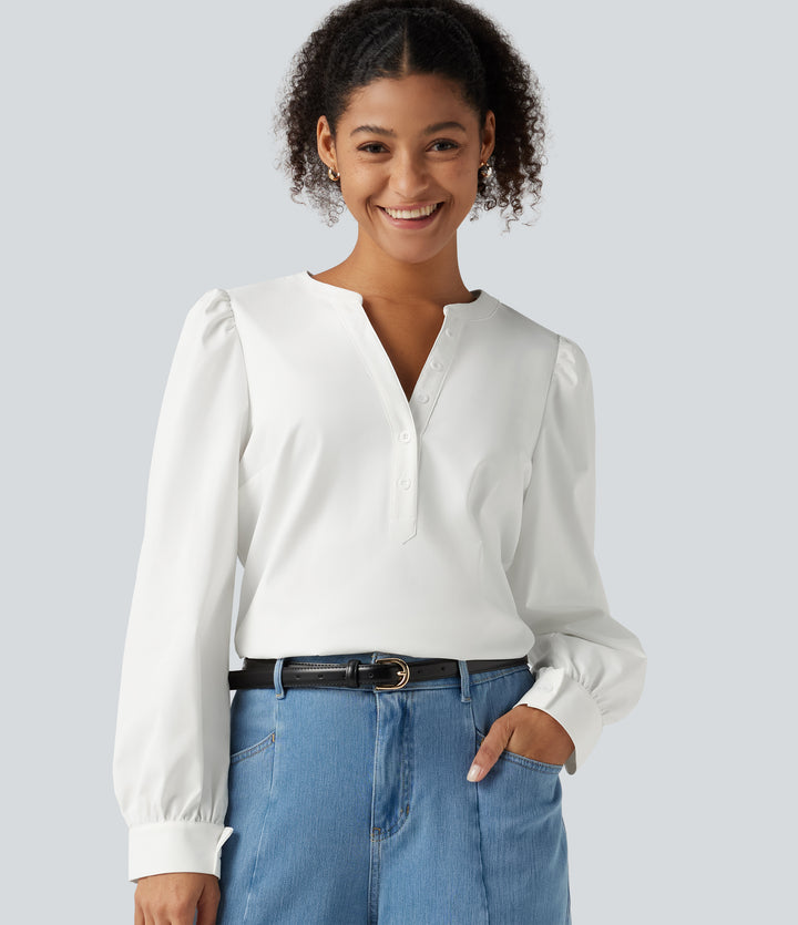 Henley Neck Puff Long Sleeve Casual Blouse — White — view 1