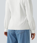 Henley Neck Puff Long Sleeve Casual Blouse — White — view 5