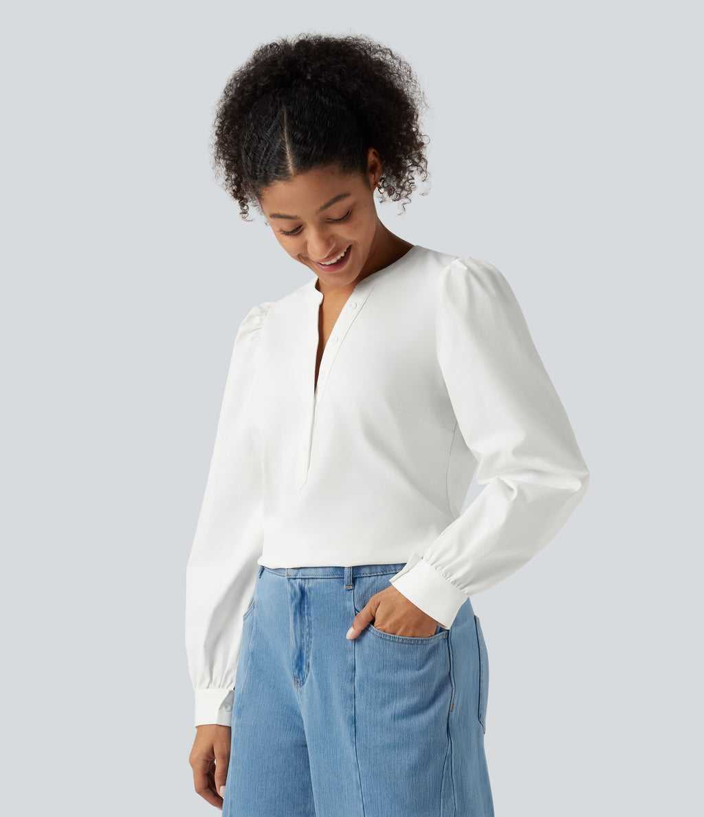 Henley Neck Puff Long Sleeve Casual Blouse — White — view 3