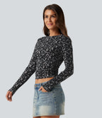 Round Neck Leopard Print Long Sleeve Ruched Casual Top — Cool Quarry — view 3