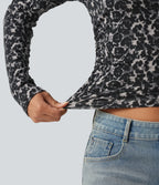 Round Neck Leopard Print Long Sleeve Ruched Casual Top — Cool Quarry — view 6
