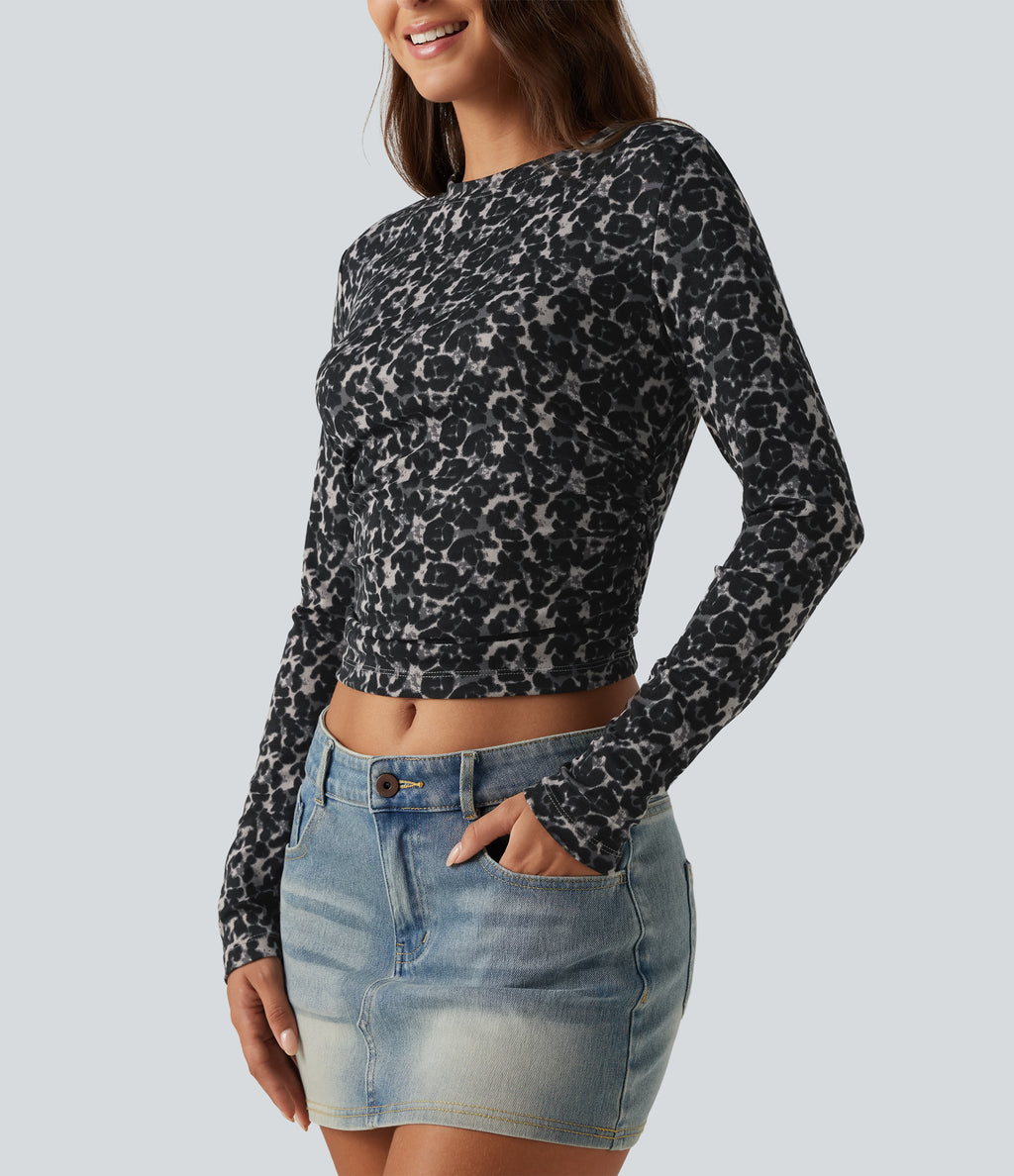 Round Neck Leopard Print Long Sleeve Ruched Casual Top — Cool Quarry — view 5