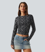 Round Neck Leopard Print Long Sleeve Ruched Casual Top — Cool Quarry — view 4