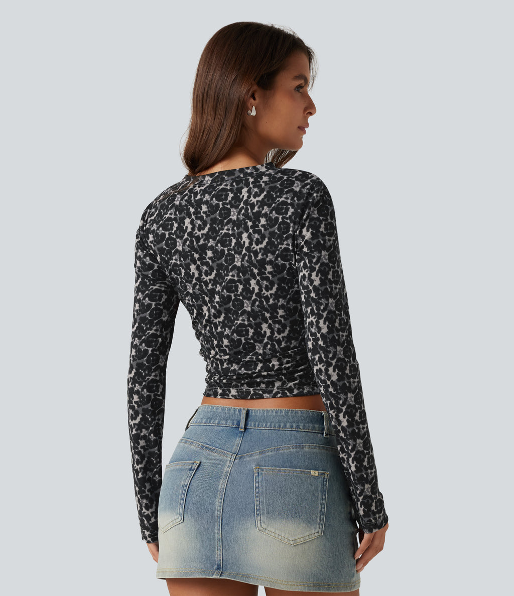 Round Neck Leopard Print Long Sleeve Ruched Casual Top — Cool Quarry — view 2