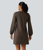 Round Neck Long Sleeve Tie Side Mini Work Dress — Rain Drum — view 2