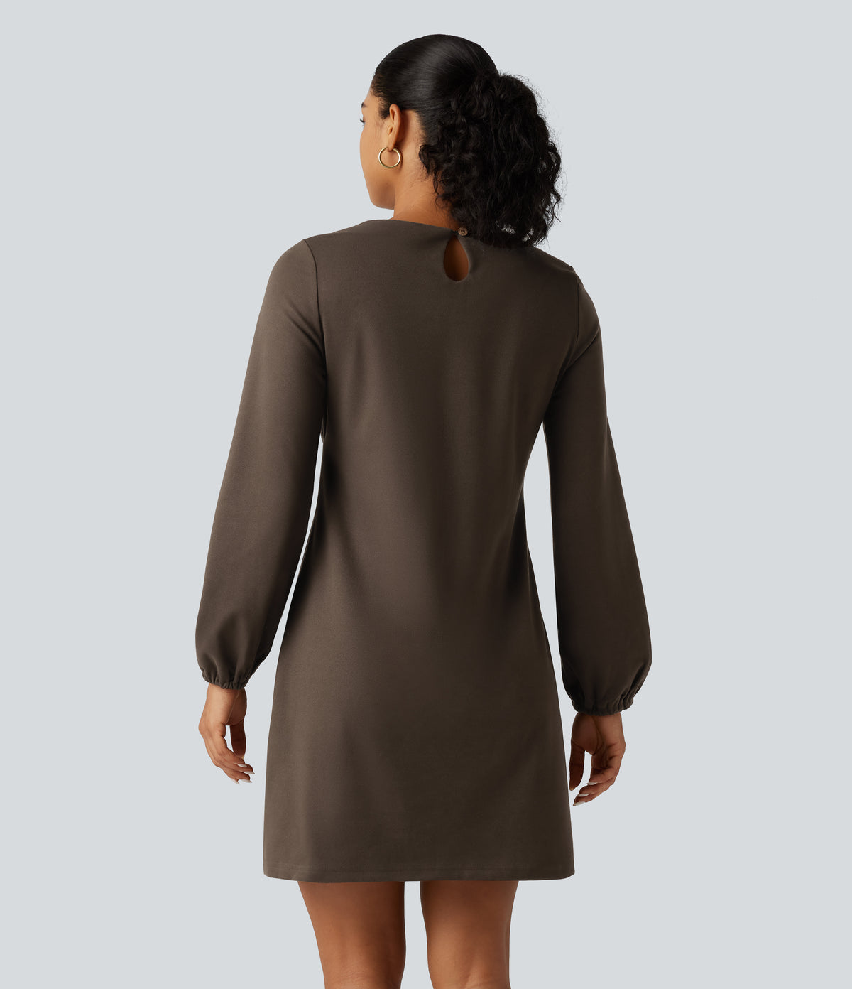 Round Neck Long Sleeve Tie Side Mini Work Dress — Rain Drum — view 2