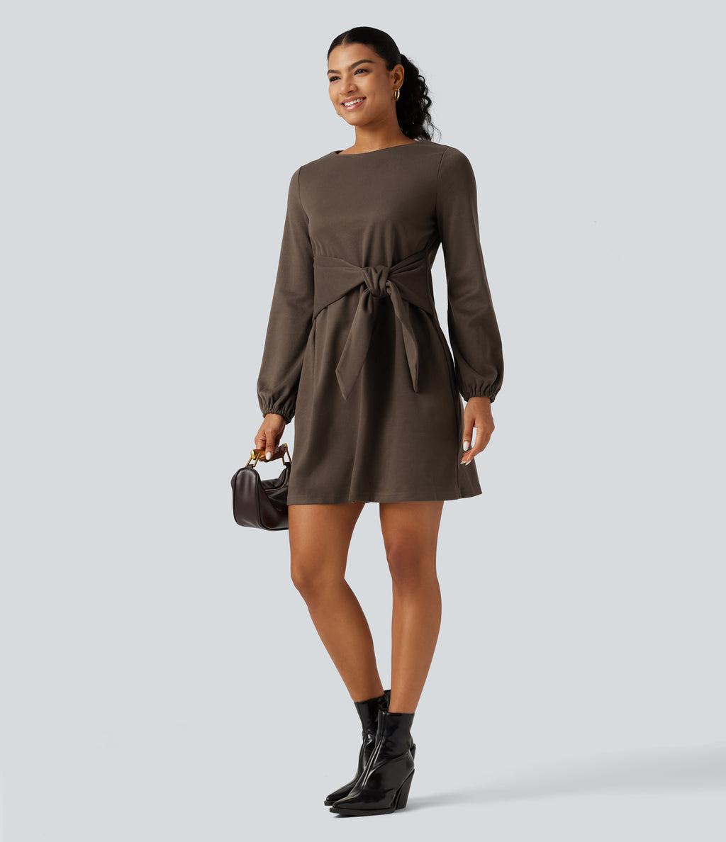 Round Neck Long Sleeve Tie Side Mini Work Dress — Rain Drum — view 7