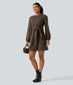 Round Neck Long Sleeve Tie Side Mini Work Dress — Rain Drum — view 7