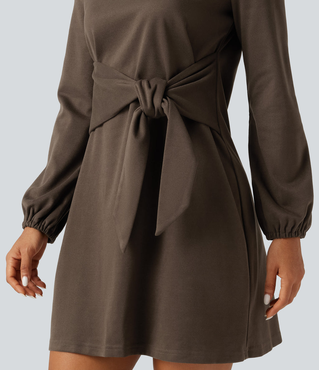 Round Neck Long Sleeve Tie Side Mini Work Dress — Rain Drum — view 5