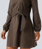Round Neck Long Sleeve Tie Side Mini Work Dress — Rain Drum — view 5