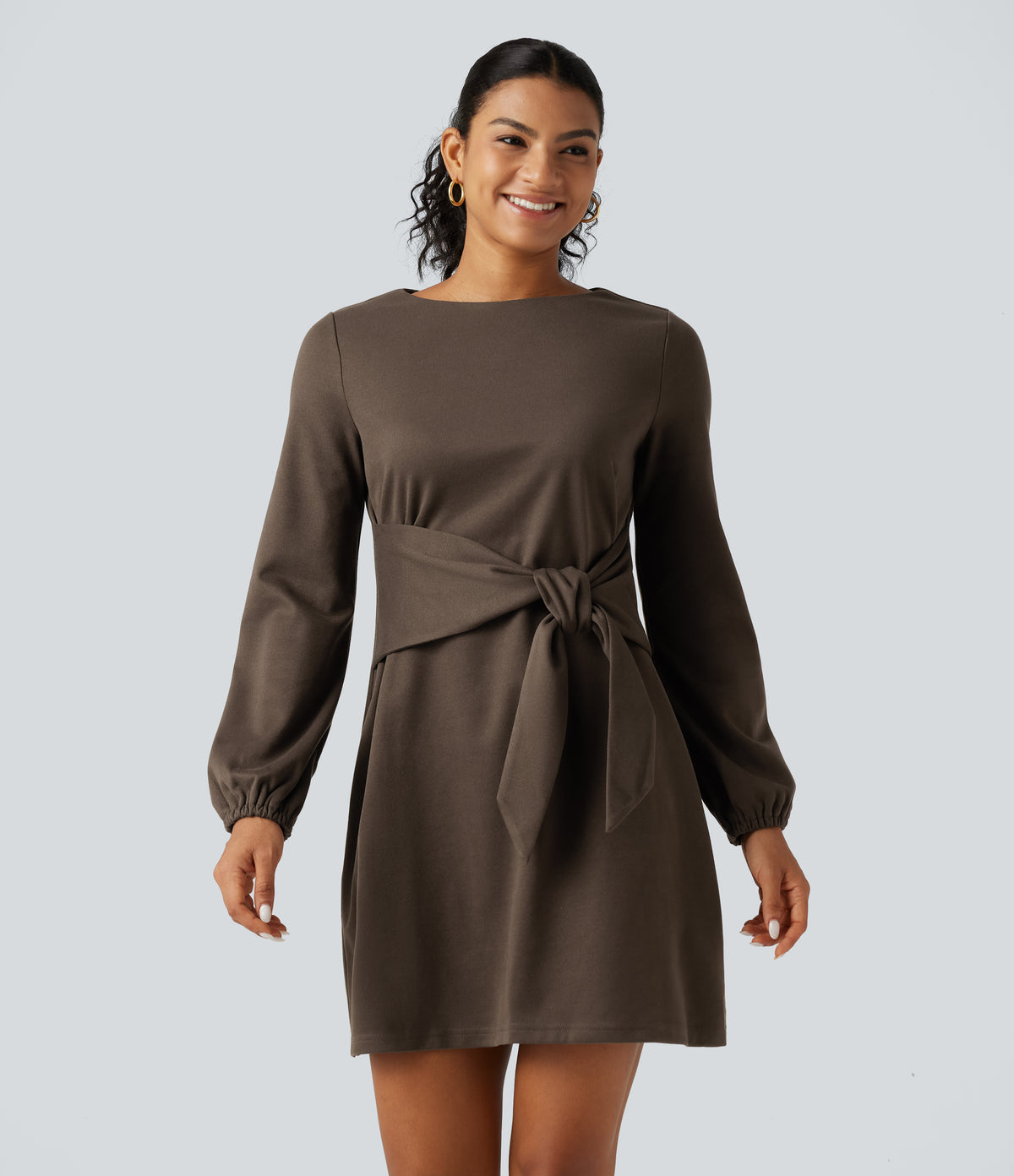 Round Neck Long Sleeve Tie Side Mini Work Dress — Rain Drum — view 1