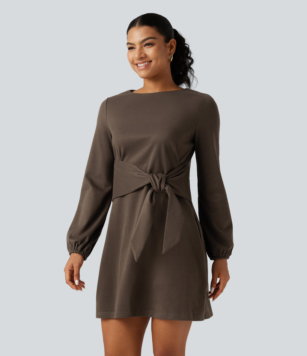 Round Neck Long Sleeve Tie Side Mini Work Dress — Rain Drum — view 3