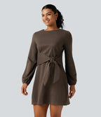Round Neck Long Sleeve Tie Side Mini Work Dress — Rain Drum — view 3