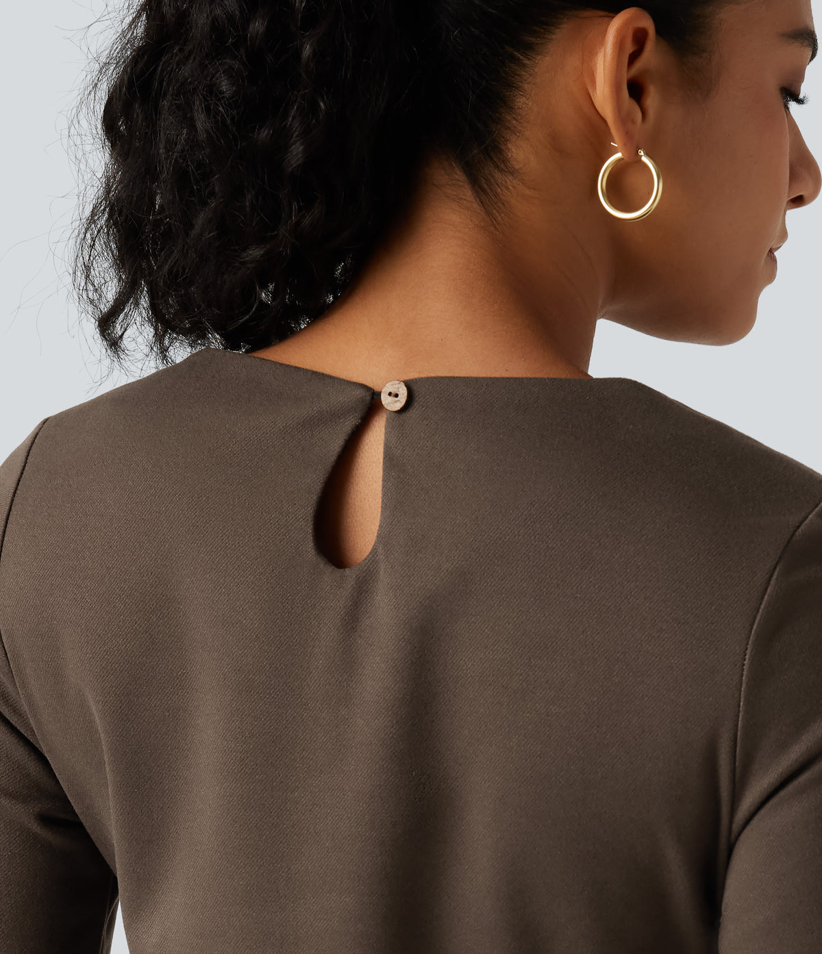 Round Neck Long Sleeve Tie Side Mini Work Dress — Rain Drum — view 6