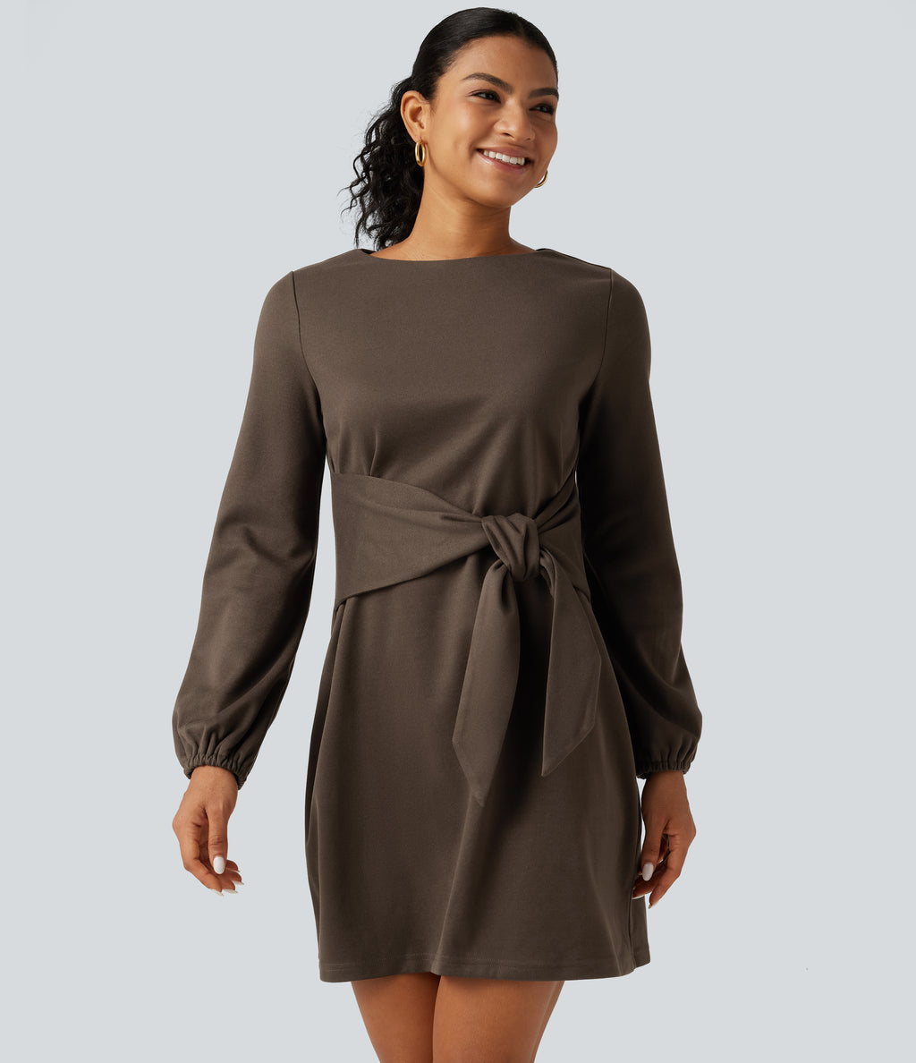 Round Neck Long Sleeve Tie Side Mini Work Dress — Rain Drum — view 4