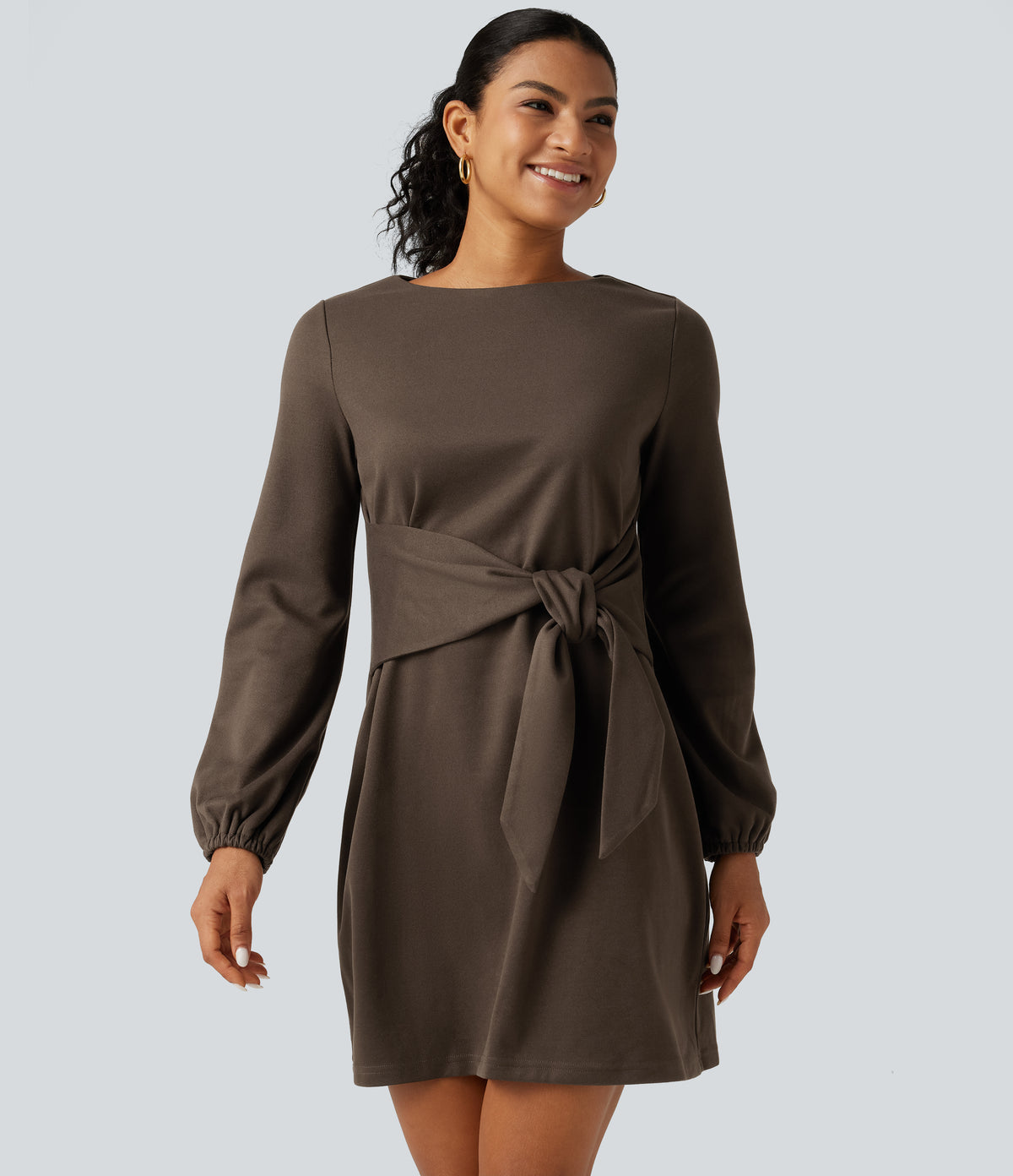 Round Neck Long Sleeve Tie Side Mini Work Dress — Rain Drum — view 4