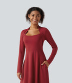Queen Anne Neck Long Sleeve A-Line Party Midi Dress with Pockets — Emboldened — view 4