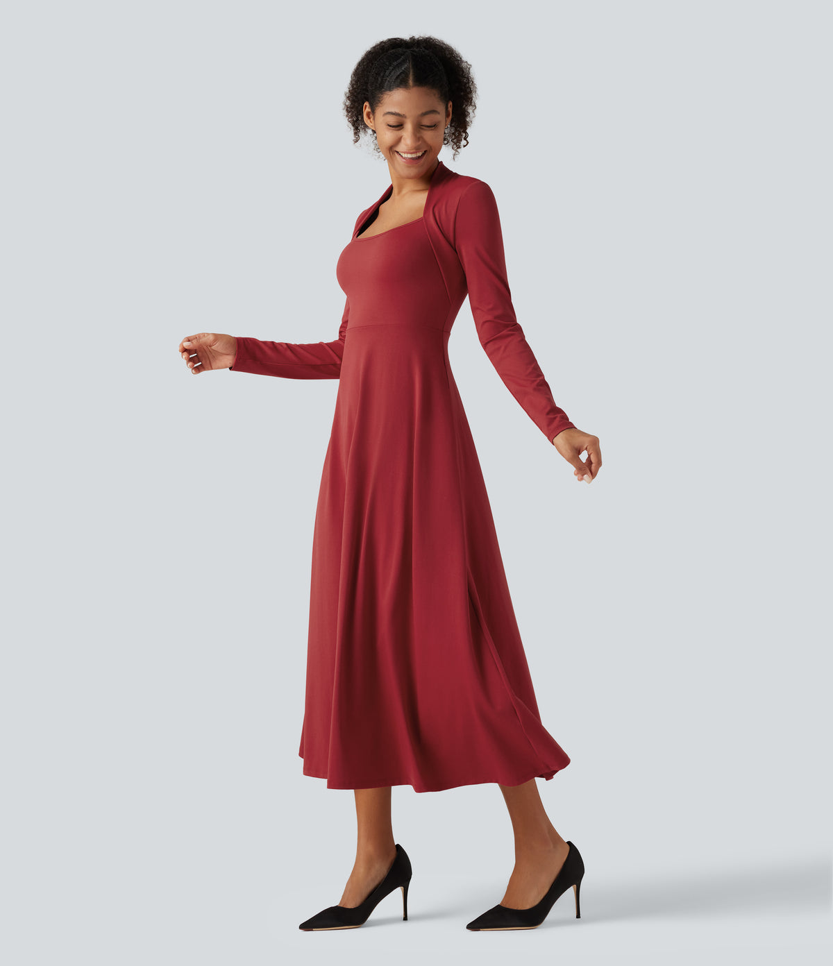 Queen Anne Neck Long Sleeve A-Line Party Midi Dress with Pockets — Emboldened — view 3