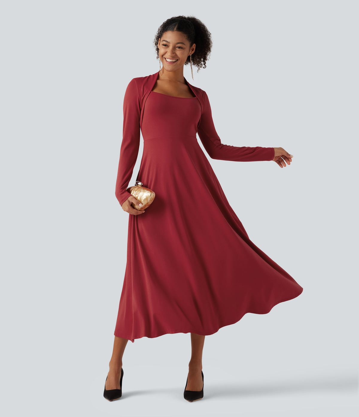 Queen Anne Neck Long Sleeve A-Line Party Midi Dress with Pockets — Emboldened — view 6