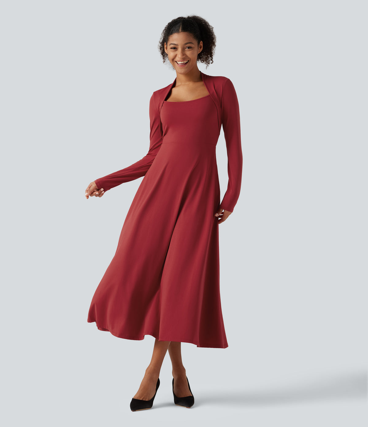 Queen Anne Neck Long Sleeve A-Line Party Midi Dress with Pockets — Emboldened — view 1