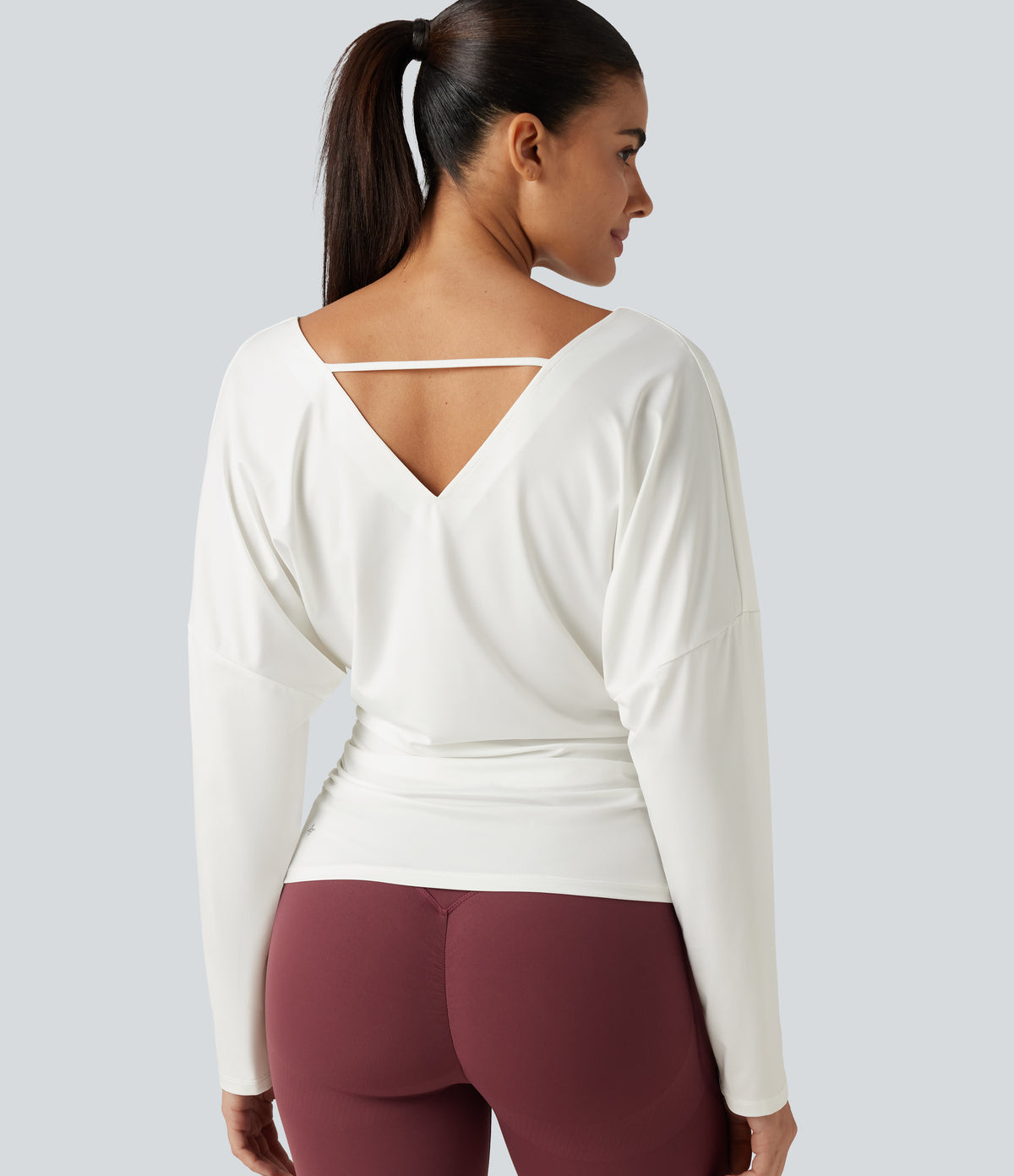 Cowl Neck Long Sleeve Cut Out Back Yoga Sports Top — White — view 5