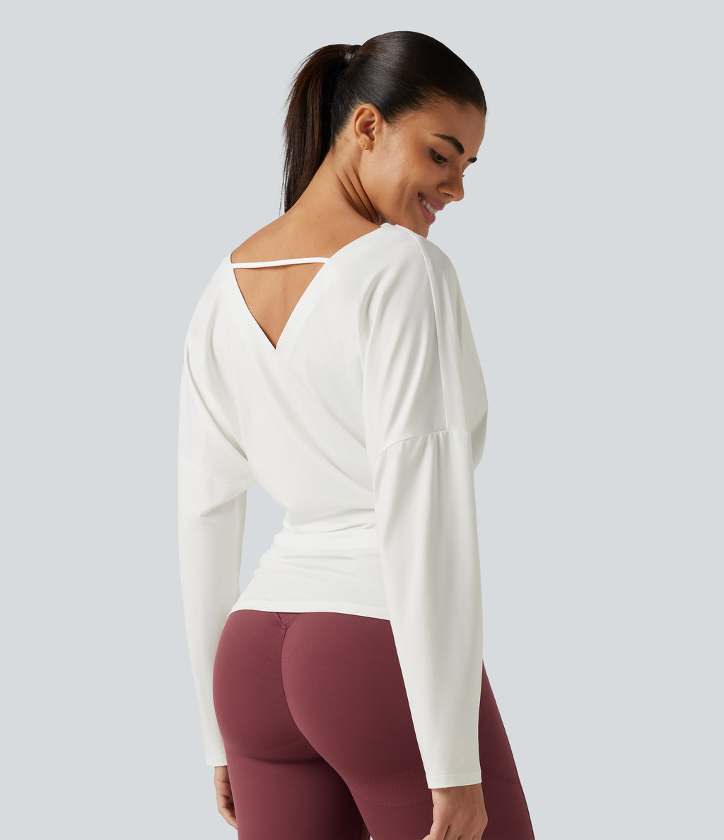 Cowl Neck Long Sleeve Cut Out Back Yoga Sports Top — White — view 2