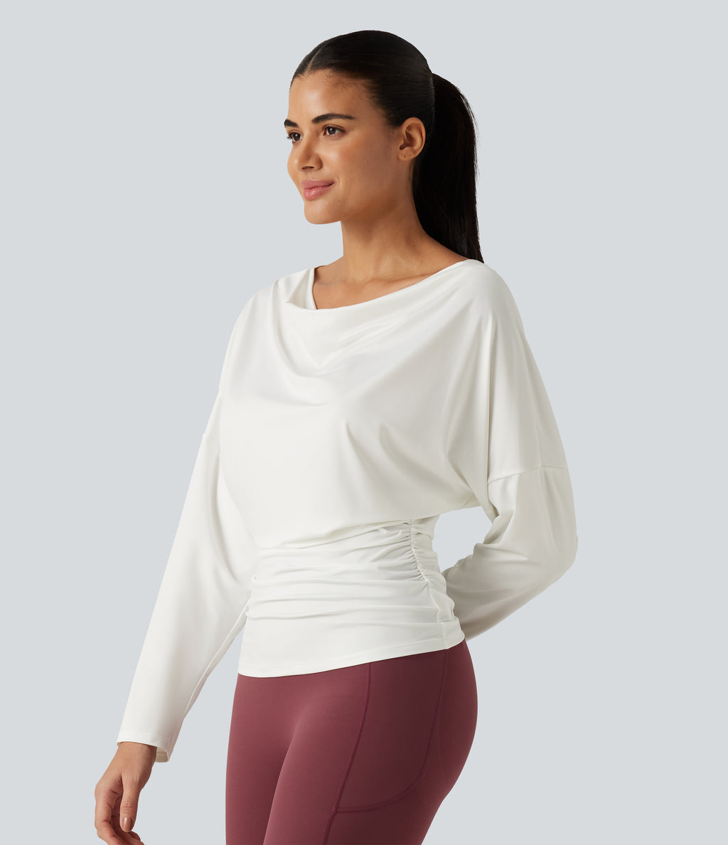 Cowl Neck Long Sleeve Cut Out Back Yoga Sports Top — White — view 3
