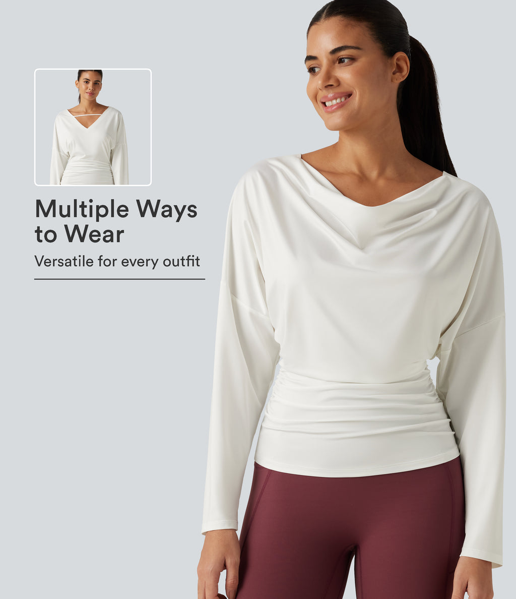 Cowl Neck Long Sleeve Cut Out Back Yoga Sports Top — White — view 1