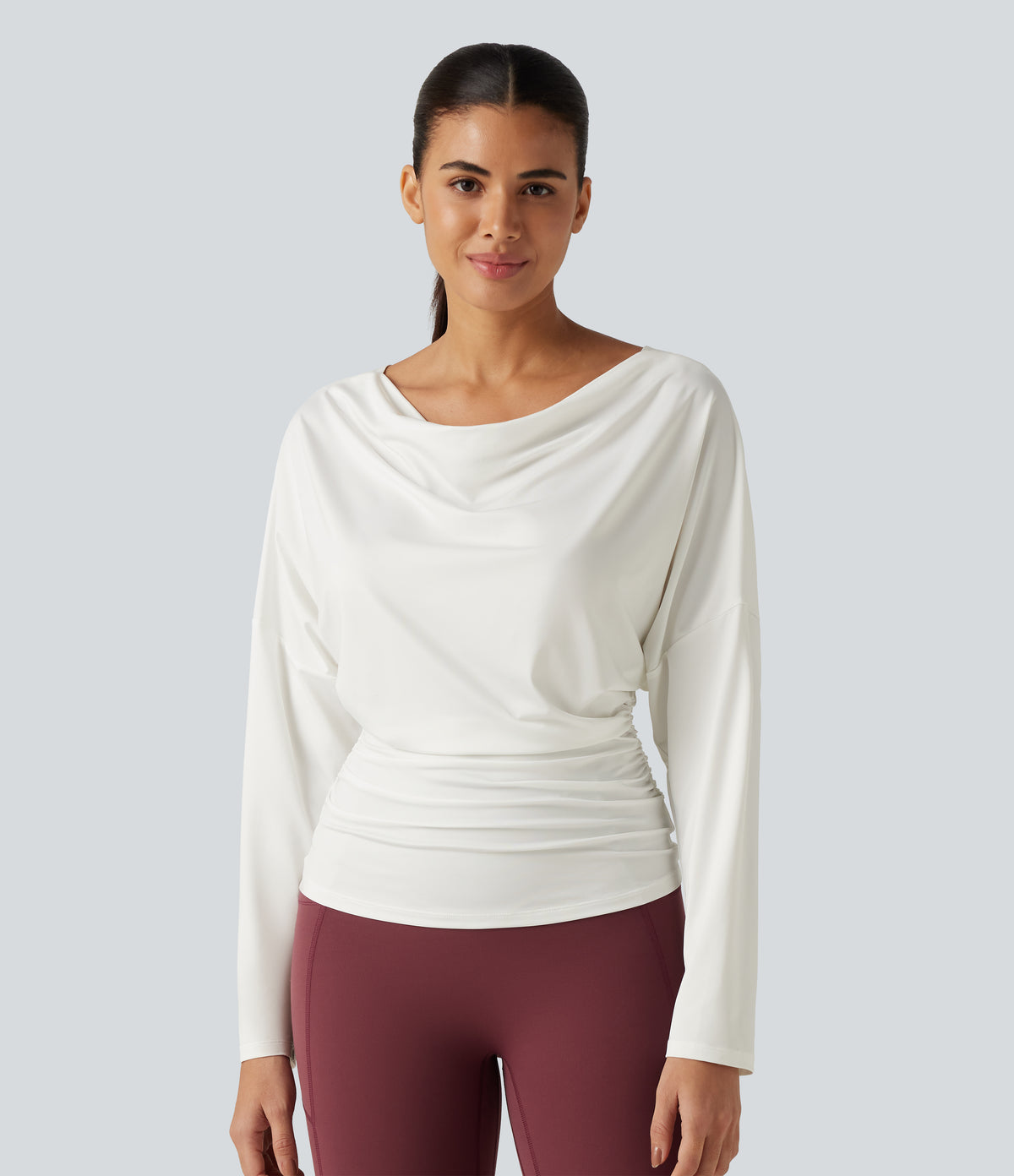Cowl Neck Long Sleeve Cut Out Back Yoga Sports Top — White — view 4