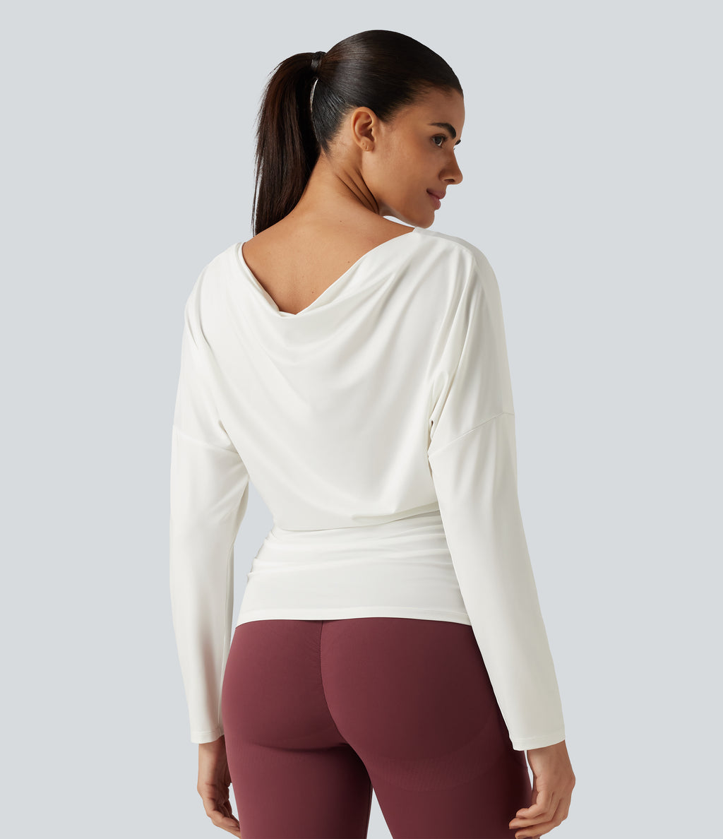 Cowl Neck Long Sleeve Cut Out Back Yoga Sports Top — White — view 7
