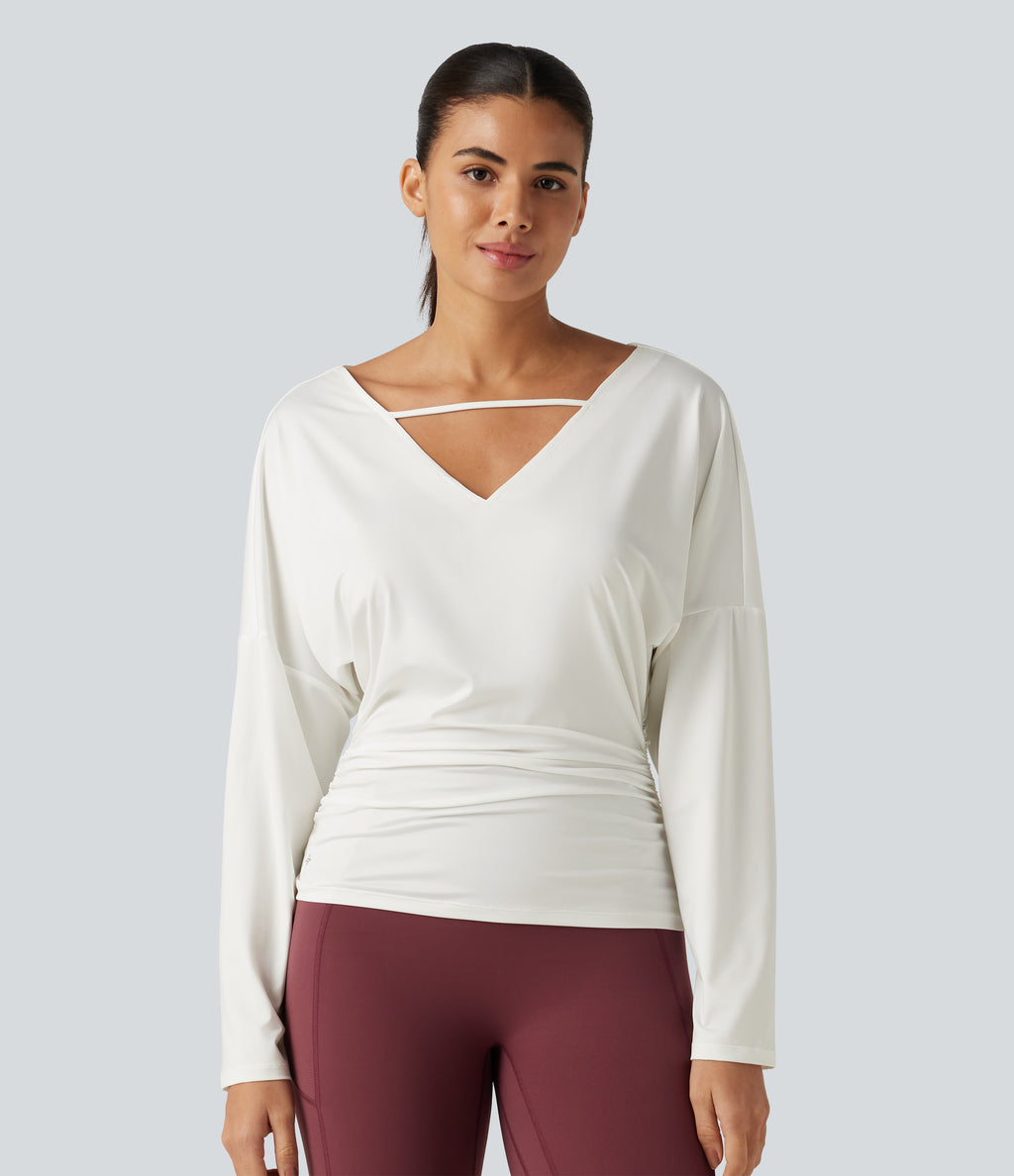 Cowl Neck Long Sleeve Cut Out Back Yoga Sports Top — White — view 6