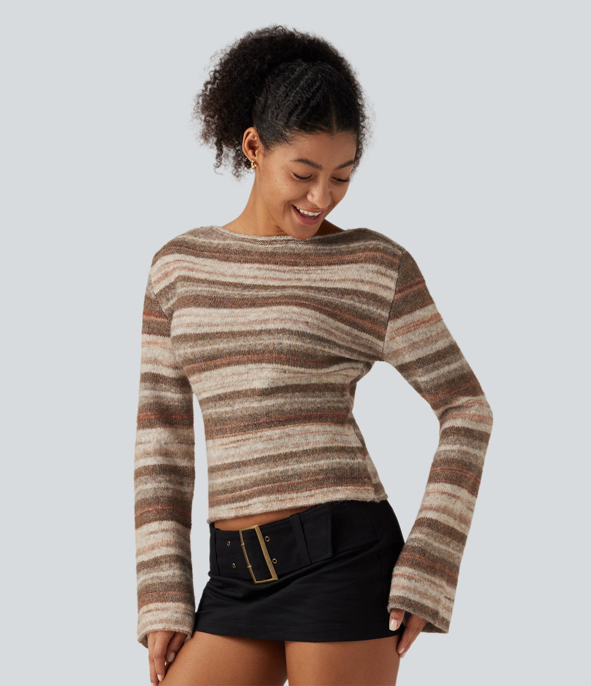 Boat Neck Bell Long Sleeve Gradient Stripe Oversized Casual Jumper — Hazelnut Strata — view 3