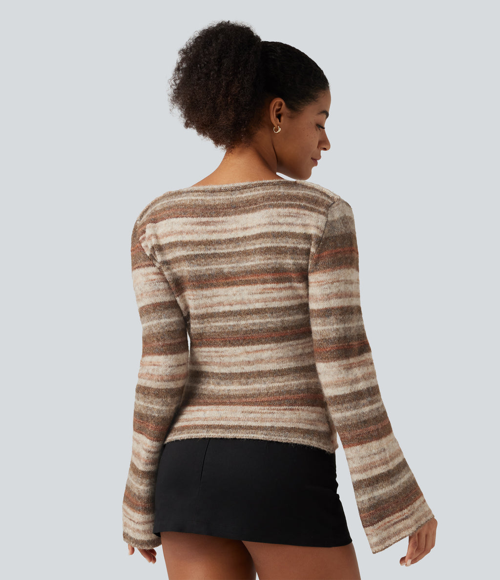 Boat Neck Bell Long Sleeve Gradient Stripe Oversized Casual Jumper — Hazelnut Strata — view 2
