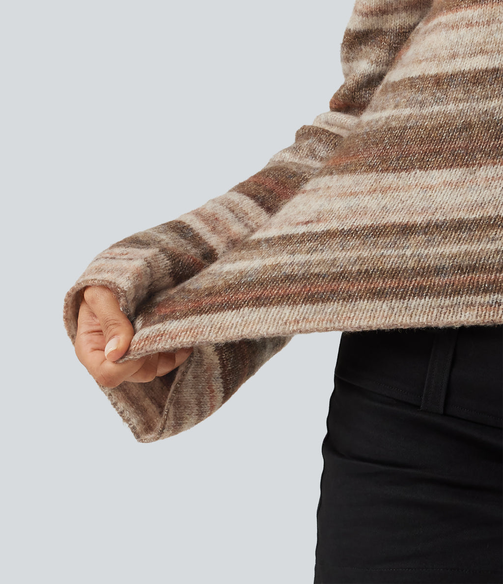 Boat Neck Bell Long Sleeve Gradient Stripe Oversized Casual Jumper — Hazelnut Strata — view 4