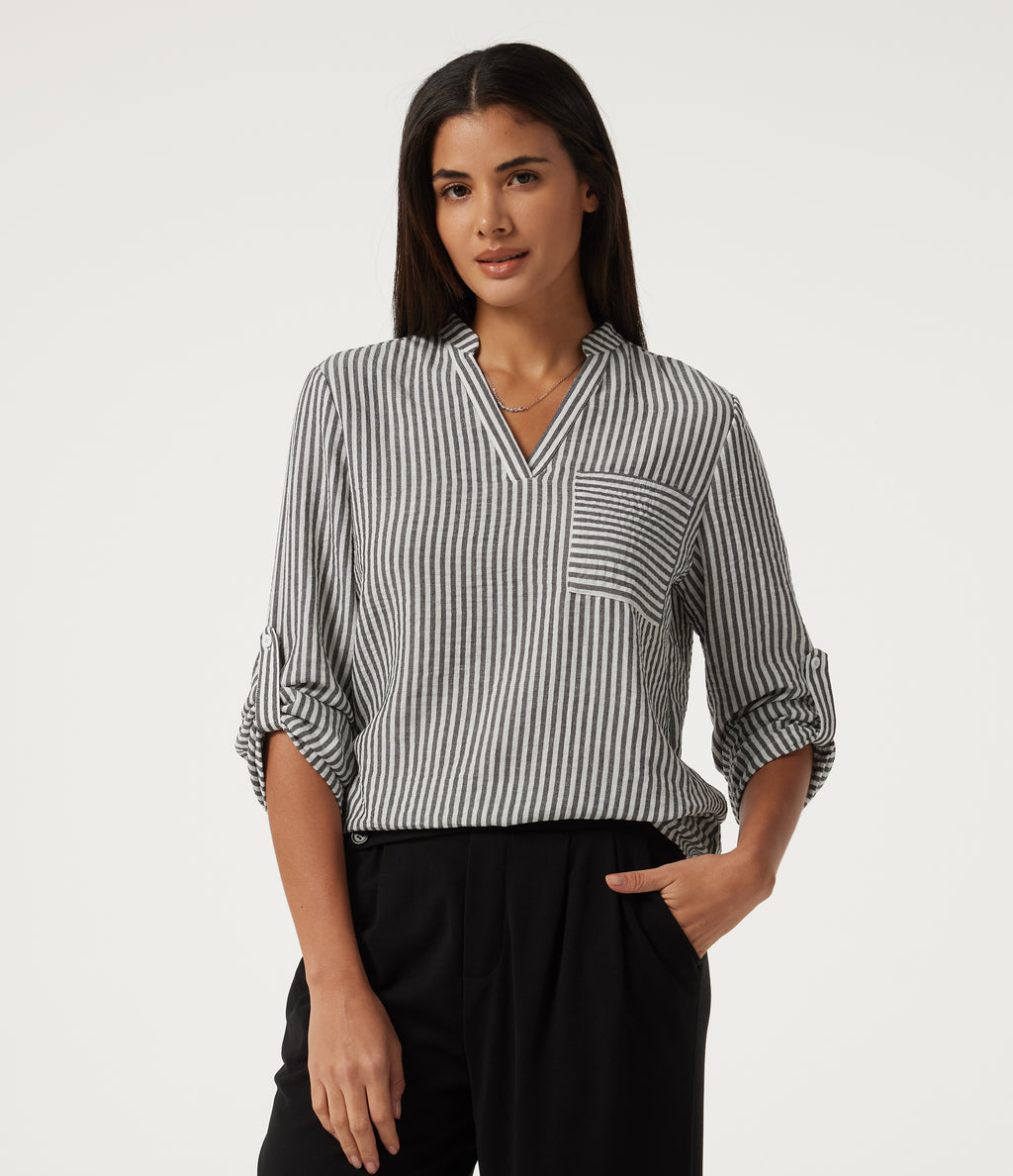 V Neck Long Sleeve Stripe Work Linen-Feel Blouse with Pocket — Light Black White Stripe — view 1