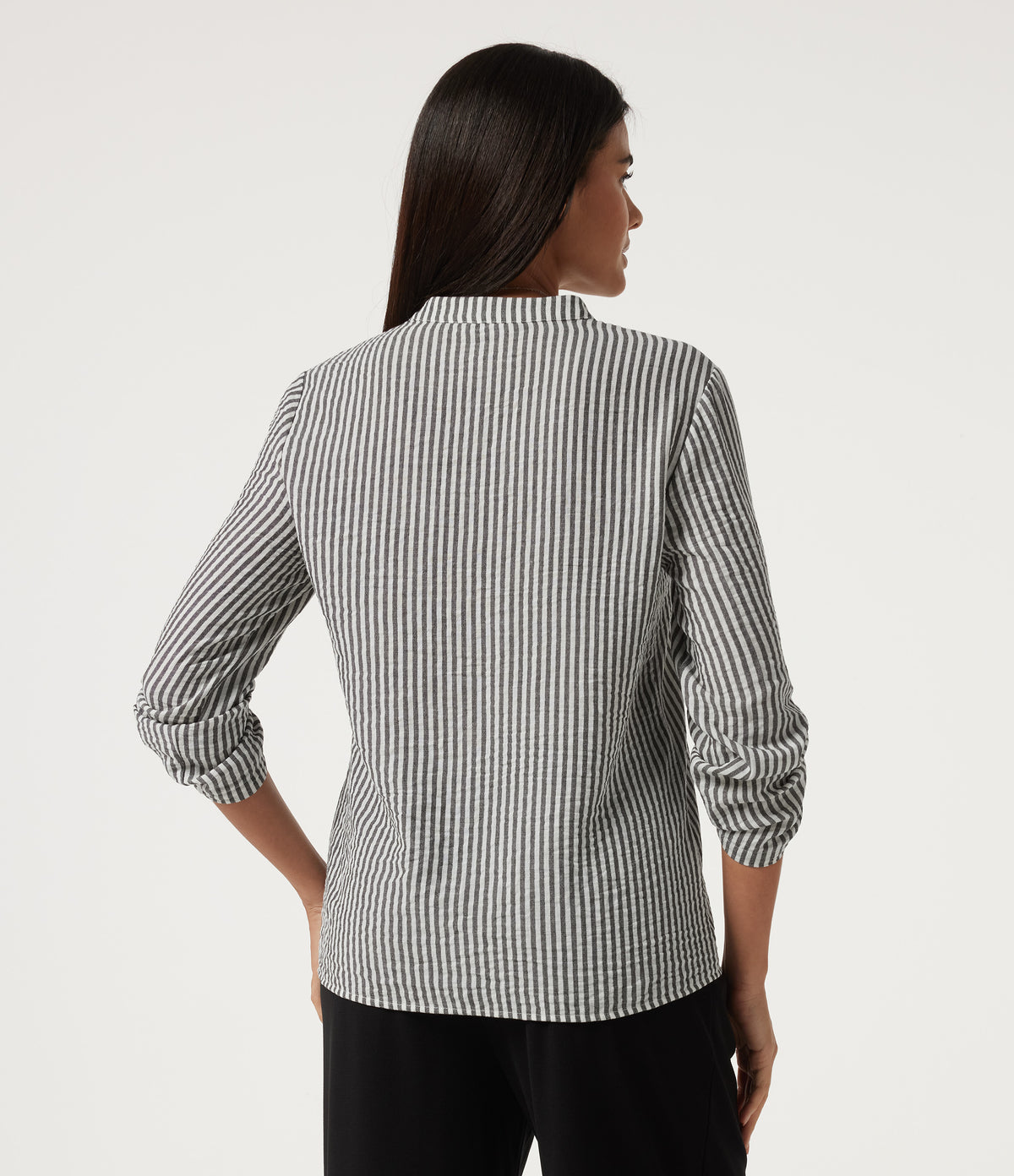 V Neck Long Sleeve Stripe Work Linen-Feel Blouse with Pocket — Light Black White Stripe — view 2