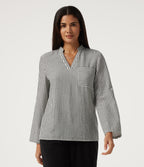 V Neck Long Sleeve Stripe Work Linen-Feel Blouse with Pocket — Light Black White Stripe — view 4
