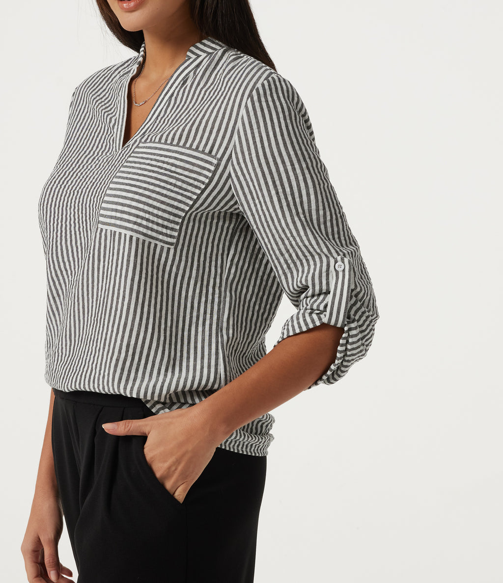 V Neck Long Sleeve Stripe Work Linen-Feel Blouse with Pocket — Light Black White Stripe — view 5