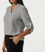 V Neck Long Sleeve Stripe Work Linen-Feel Blouse with Pocket — Light Black White Stripe — view 5