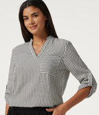 V Neck Long Sleeve Stripe Work Linen-Feel Blouse with Pocket — Light Black White Stripe — view 8