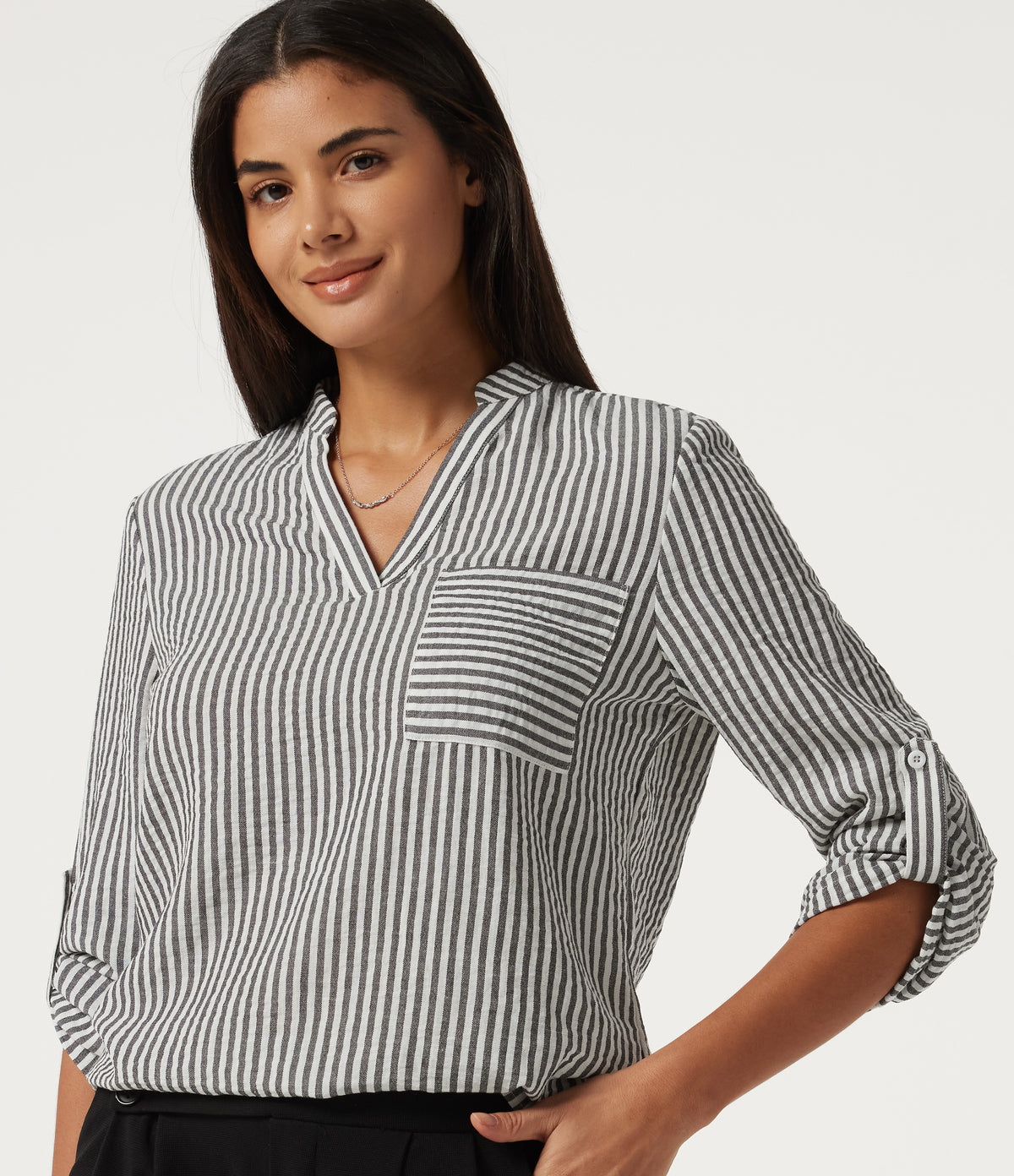 V Neck Long Sleeve Stripe Work Linen-Feel Blouse with Pocket — Light Black White Stripe — view 8