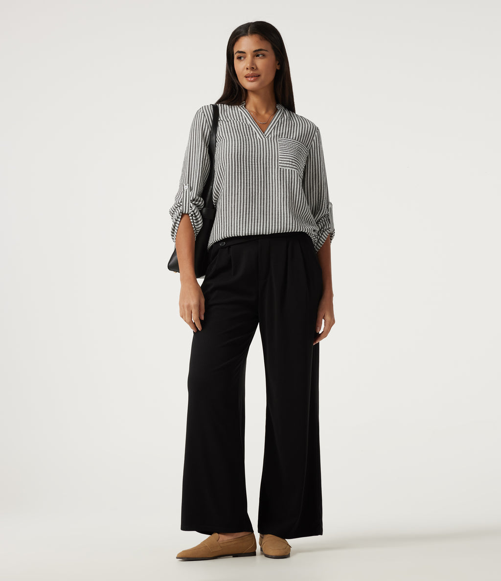 V Neck Long Sleeve Stripe Work Linen-Feel Blouse with Pocket — Light Black White Stripe — view 7